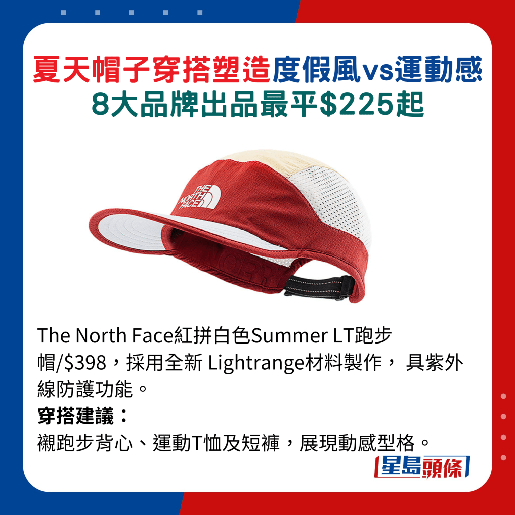 The North Face紅拼白色Summer LT跑步帽/$398,採用全新 Lightrange材料製作, 具紫外線防護功能。 穿搭建議: 襯跑步背 心、運動T恤及短褲,展現動感型格。