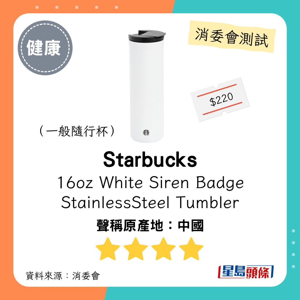 Starbucks 16oz White Siren Badge Stainless Steel Tumbler：約$220；中國；總評4星